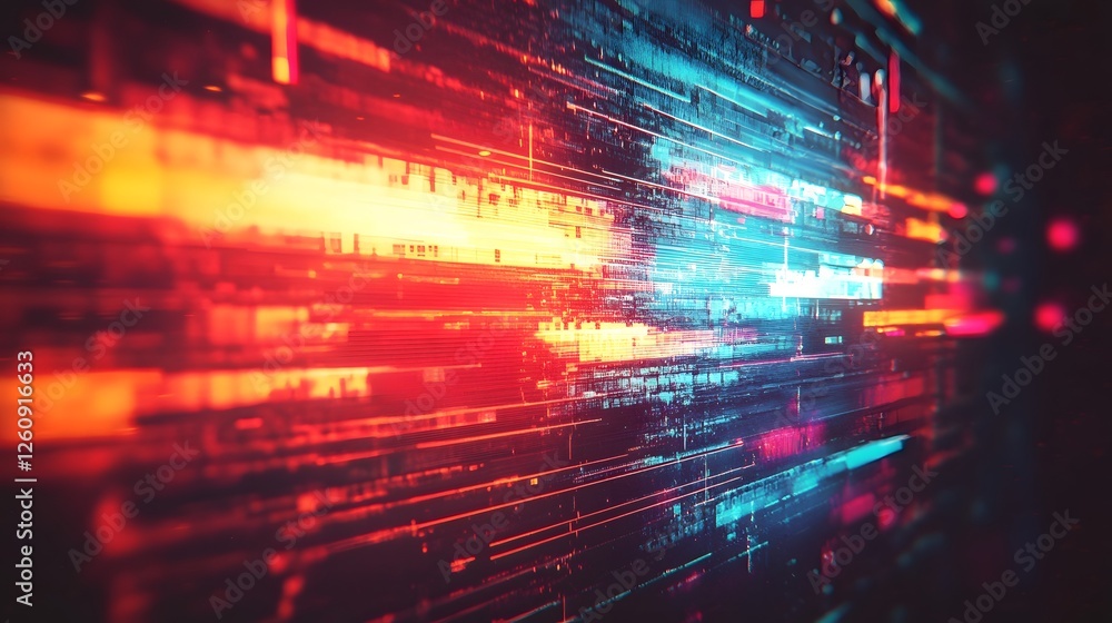 Poster Vibrant abstract motion lights with pulsating digital kinetic energy technology background  Futuristic luminous and mesmerizing visual effect with colorful glowing beams laser like particles