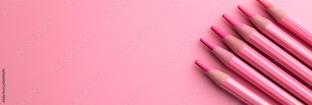 Poster a close-up view of pink-colored crayons arranged neatly on a soft pink background, creating a soothi