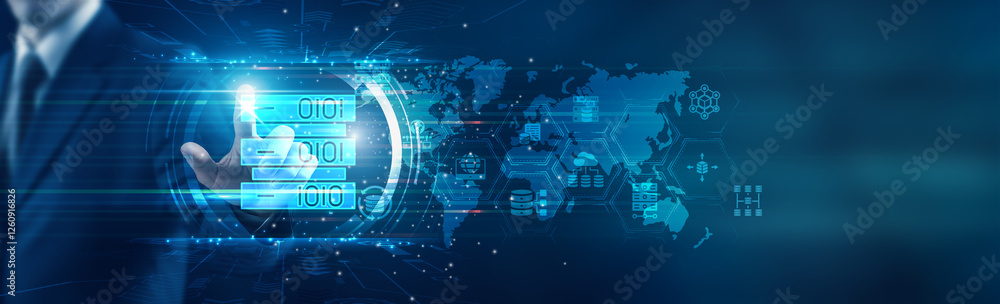 Poster businessman touching icon and big data primarily refer to data sets that are too large or complex to