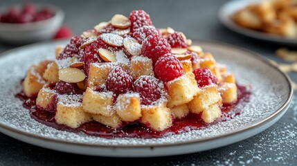 Raspberry waffles breakfast dessert, almond topping, powdered sugar, grey background, food photography