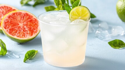 Fototapeta premium Refreshing grapefruit lime drink with ice. Summer beverage recipe