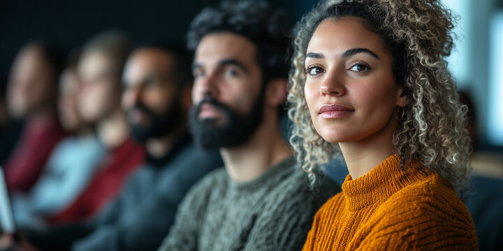 Diverse group of adults attentively participating in a workshop or seminar. The image emphasizes diversity, education, and collaboration