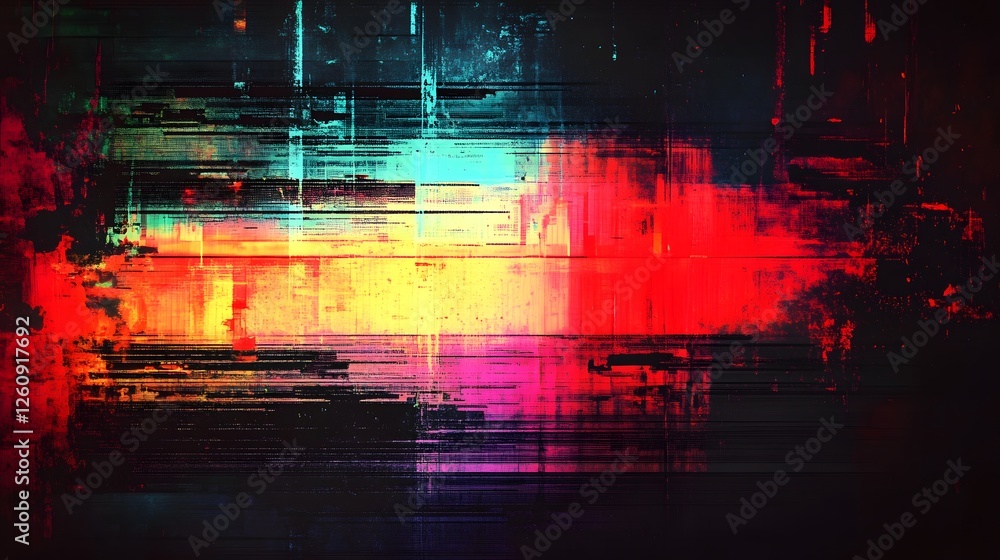 Aufkleber Vibrant and colorful digital glitch effect with flowing energy and surreal futuristic elements in a dynamic abstract landscape  Creative experimental visual art with a modern technological atmosphere