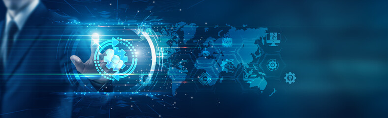 Businessman touching icon and initiating digital transformation strategy within the organization, driving innovation and operational efficiency across all departments.