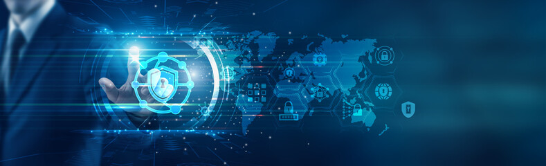 Naklejka premium Businessman touching icon and fortifying the frontiers of network security, a critical domain safeguarding digital assets and ensuring the integrity of data in an interconnected world.