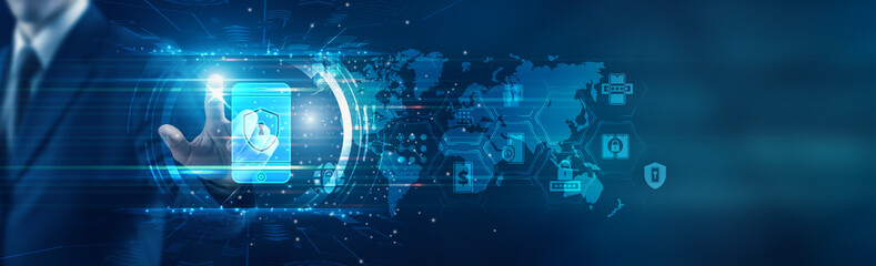 Businessman touching icon and mobile security features enhance digital protection, safeguarding...