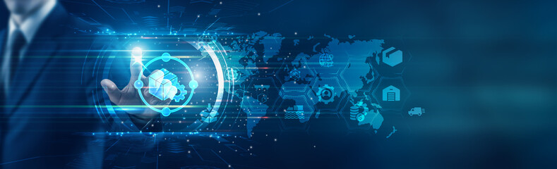 Businessman touching icon and optimizing logistics streamlining operations enhancing efficiency,...