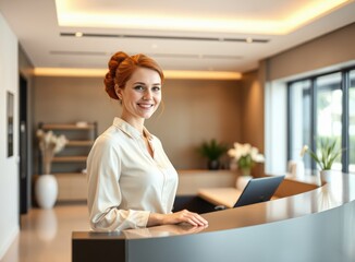 Smiling Receptionist at Modern Office Reception Desk, Professional Welcome