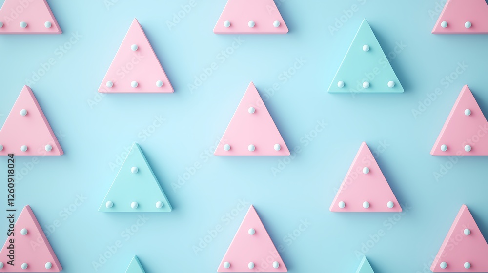 Poster a colorful pattern of pink and blue triangles with white dots, set against a light background, creat