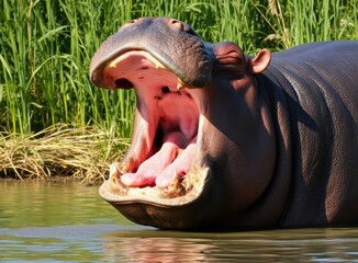 Close-Up of Hippopotamus with Open Mouth in Water Surrounded by Lush Greenery