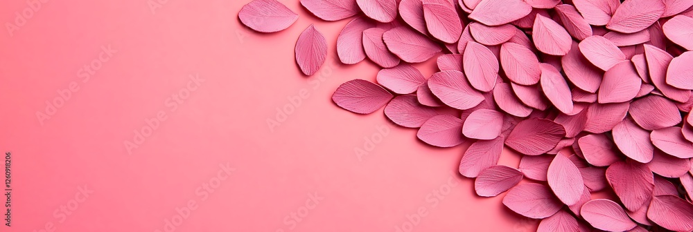 Poster a vibrant arrangement of pink petals scattered over a soft pink background, creating a harmonious an