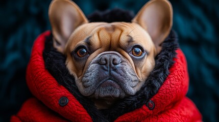 Obraz premium Close-up portrait of a French Bulldog wearing a yellow hooded jacket, isolated against a dark blue background. 