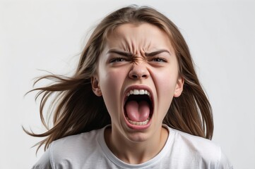 Close-up portrait of a young woman screaming, expressing anger and frustration.