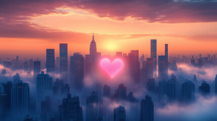 Fototapeta premium Romantic Sunset Over City Skyline with Heart Symbol