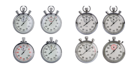 Vintage Silver Stopwatches in Various Styles and Times Displayed
