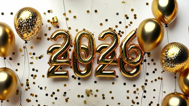 Shiny golden balloons, sparkling gliter confetti marking vibrant 2026 new year celebration against pristine white background video 4k