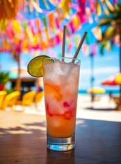 Tropical Beach Cocktail with Lime Slice and Straw for Summer Vacation Vibes