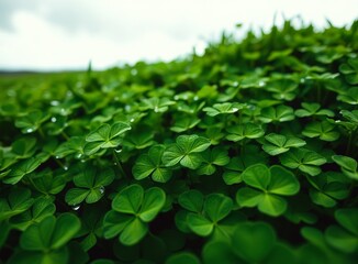 Close Up of a Green Clover Field with Dew Drops, St. Patrick's Day Theme