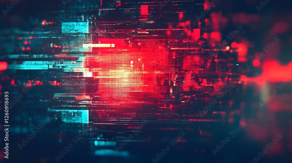 Poster Vibrant and dynamic abstract composition featuring a futuristic digital glitch explosion of neon lights energy pulses and data streams creating a surreal and techno inspired visual effect
