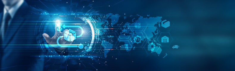 Logistics. Businessman touching icon and optimizing supply chain efficiency, streamlining transportation, managing inventory, enhancing warehouse operations, and improving logistics processes.