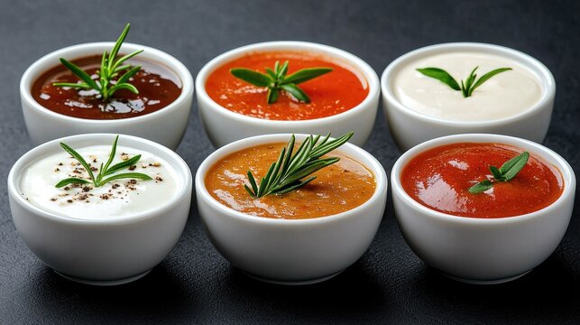 Six savory sauces in bowls, rosemary garnish, dark background; food photography for menus