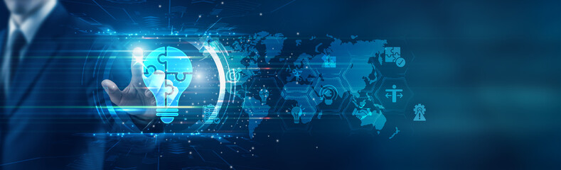 Solutions. Businessman touching icon and innovative business solutions, strategic technology integration, operational efficiency, market insights, digital transformation, data-driven decision-making.