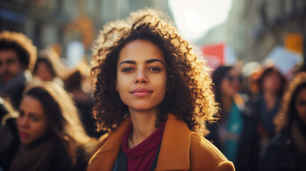 Fototapeta premium Protesters gather and march for social justice in a vibrant city neighborhood during a sunny afternoon. Generative AI