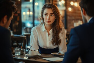 Young woman in white shirt sits at cafe table, listening attentively to colleagues during a business meeting.