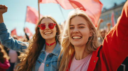 Joyful celebration of unity with friends during a vibrant outdoor rally filled with red flags and enthusiastic supporters. Generative AI