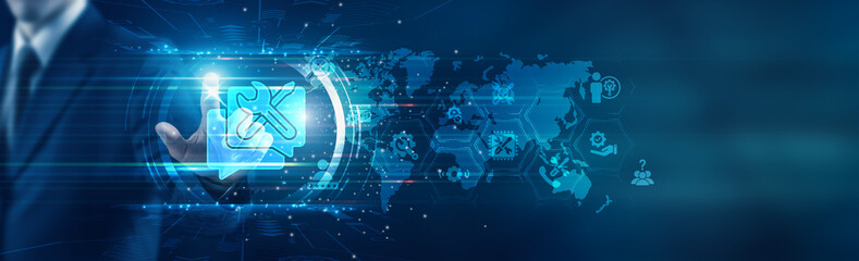 Technical support. Businessman touching icon and accessing online technical support services,...
