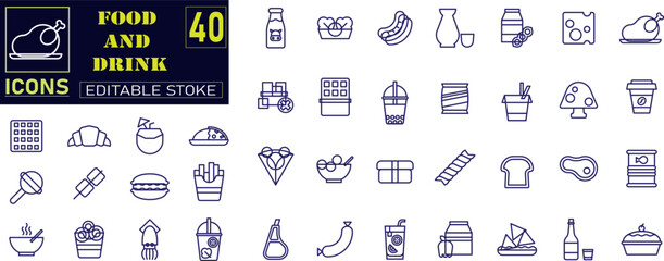 Set of outline icons related to food and drink. Meal, restaurant, dishes, fruits, fastfood, burger, pizza, coffee, sandwich