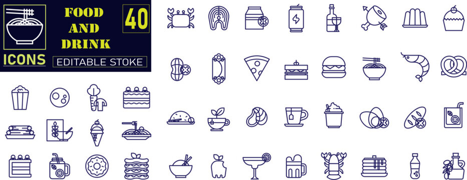 Set of outline icons related to food and drink. Meal, restaurant, dishes, fruits, fastfood, burger, pizza, coffee, sandwich