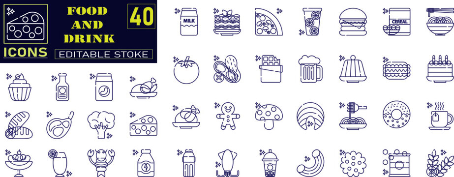 Set of outline icons related to food and drink. Meal, restaurant, dishes, fruits, fastfood, burger, pizza, coffee, sandwich