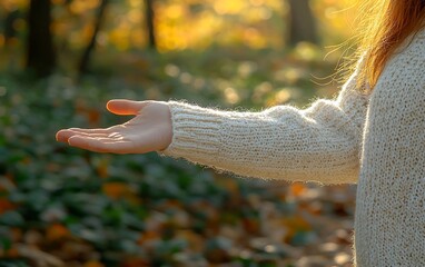Woman's hand outstretched in autumn forest