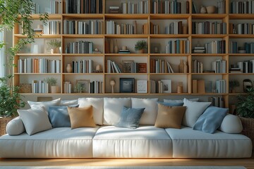 Modern living space showcasing stylish home library design process with cozy couch and organized bookshelves. Concept focuses on planning inviting and functional reading area