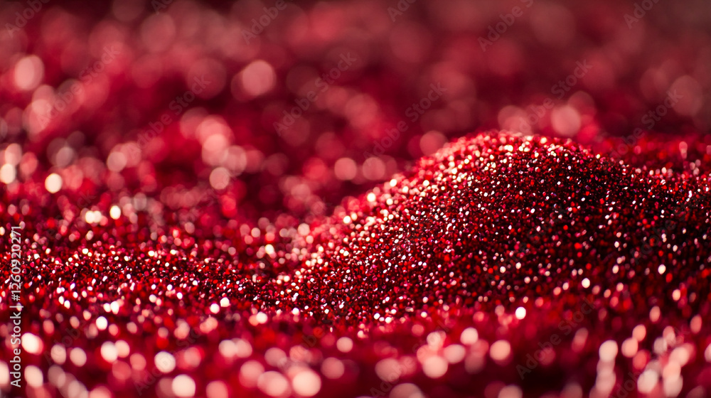 Poster vibrant red glitter particles create a dazzling surface with shimmering highlights in close-up