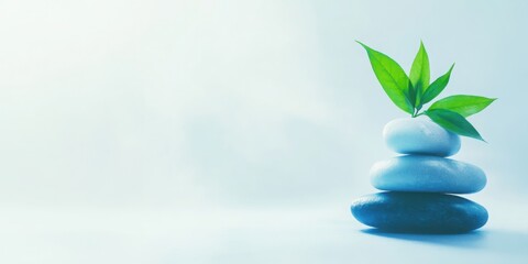 Obraz premium Balanced stones with green leaves representing tranquility in a minimalist setting