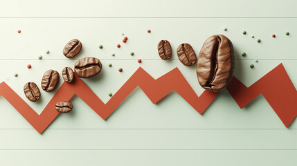 An abstract digital illustration of coffee beans placed on a fluctuating market chart, symbolizing coffee trade, investment, and pricing trends.  