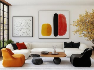 Modern Living Room Design Featuring Abstract Art, Cozy Sofas and Stylish Chairs, Vibrant Colors with Natural Light