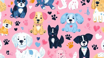Adorable Cartoon Dogs Pink Background Hearts Paws
