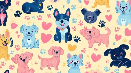 Adorable Cartoon Dogs Hearts Paws Pattern Background
