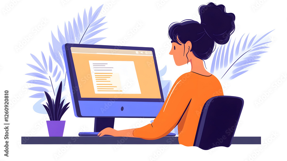 Poster young female professional working on desktop computer in a bright minimalist office setting with lus