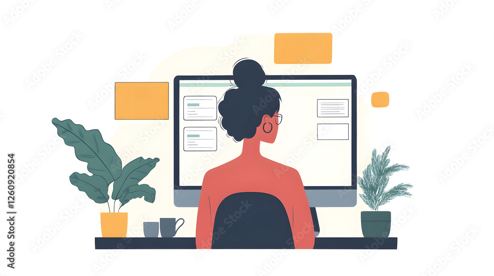 Poster young female professional working on her desktop computer in a minimal and modern office setup with 