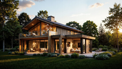 Obraz premium Modern wooden house in scenic natural setting at sunset