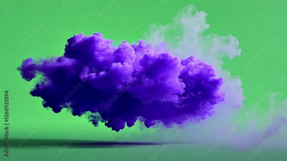 Poster purple cloud dynamically transforming and evolving on chroma key green screen, revealing intricate c