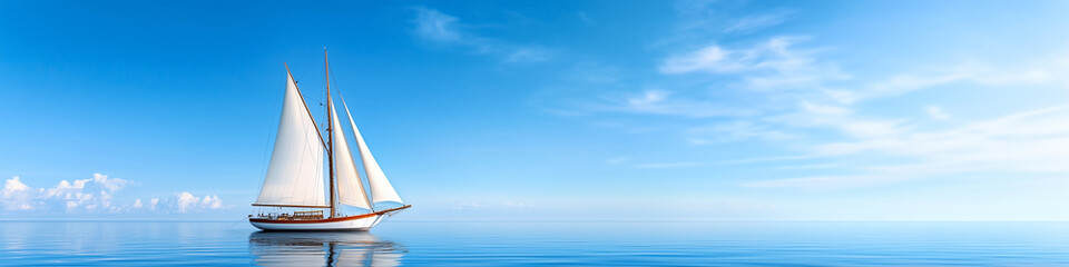 Fototapeta premium Sailboat is sailing in the ocean. Minimalistic background.