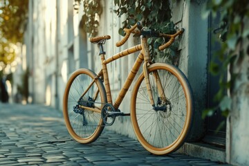 Fototapeta premium A stylish bamboo bicycle leans against a wall, bathed in sunlight, showcasing its eco-friendly design and craftsmanship.