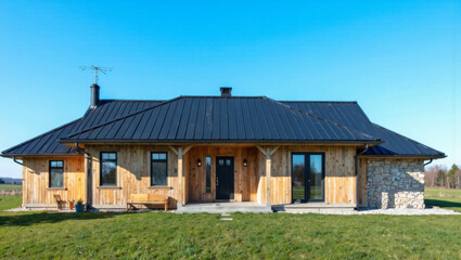Obraz premium Modern rustic wooden house with stone accent and black metal roof in countryside