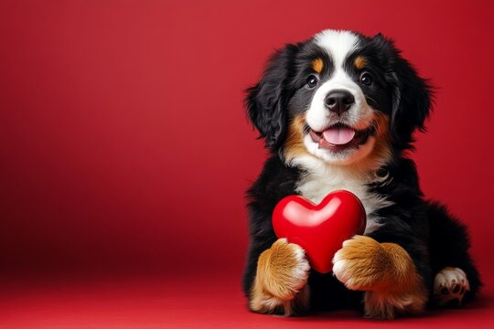 Bernese mountain dog - my cherished dog. Cute bernese mountain dog pooch with furry friend toy red heart - sign of love, funny greeting card. Promotion conceptual art. Valentine's gift ideas.