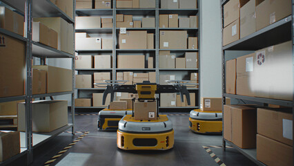 Warehouse Facility: Unmanned AGV Robots and Drones Carrying Cardboard Boxes in Logistics...